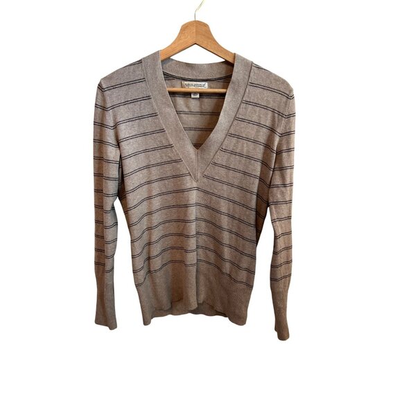 Banana Republic Silk Cotton Cashmere Gray Striped V-Neck Sweater Women's Size M - Picture 1 of 4